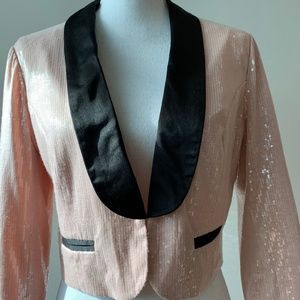 Baby Pink Sequins and Black Satin Cropped Blazer